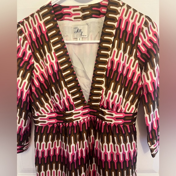 Milly Women’s Silk Shift Mini Cocktail Formal Bold Pink and Brown Dress Size 2 - Picture 3 of 7